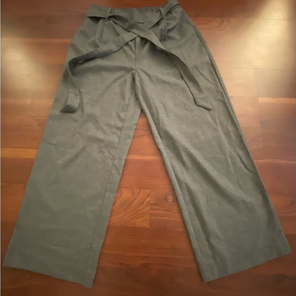 Gray Wide-Leg Pants with Tie Waist